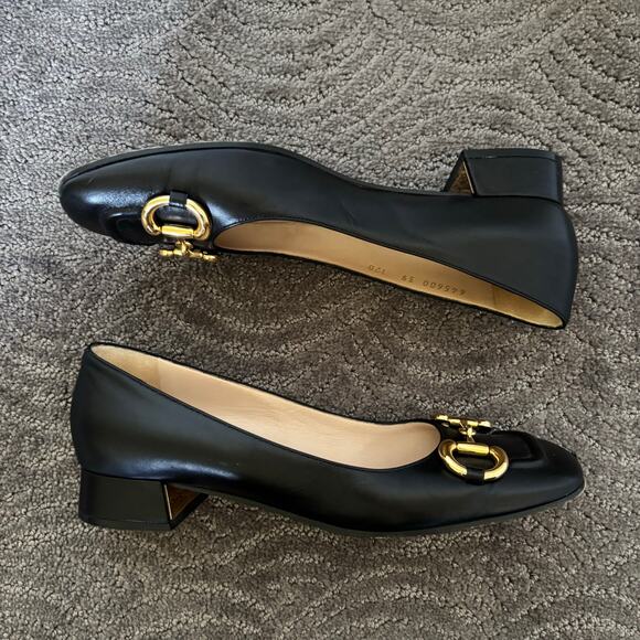 Gucci Baby Horsebit Square Toe Black Leather Block Heel Loafer Flat Pump Size 39 - Picture 8 of 12